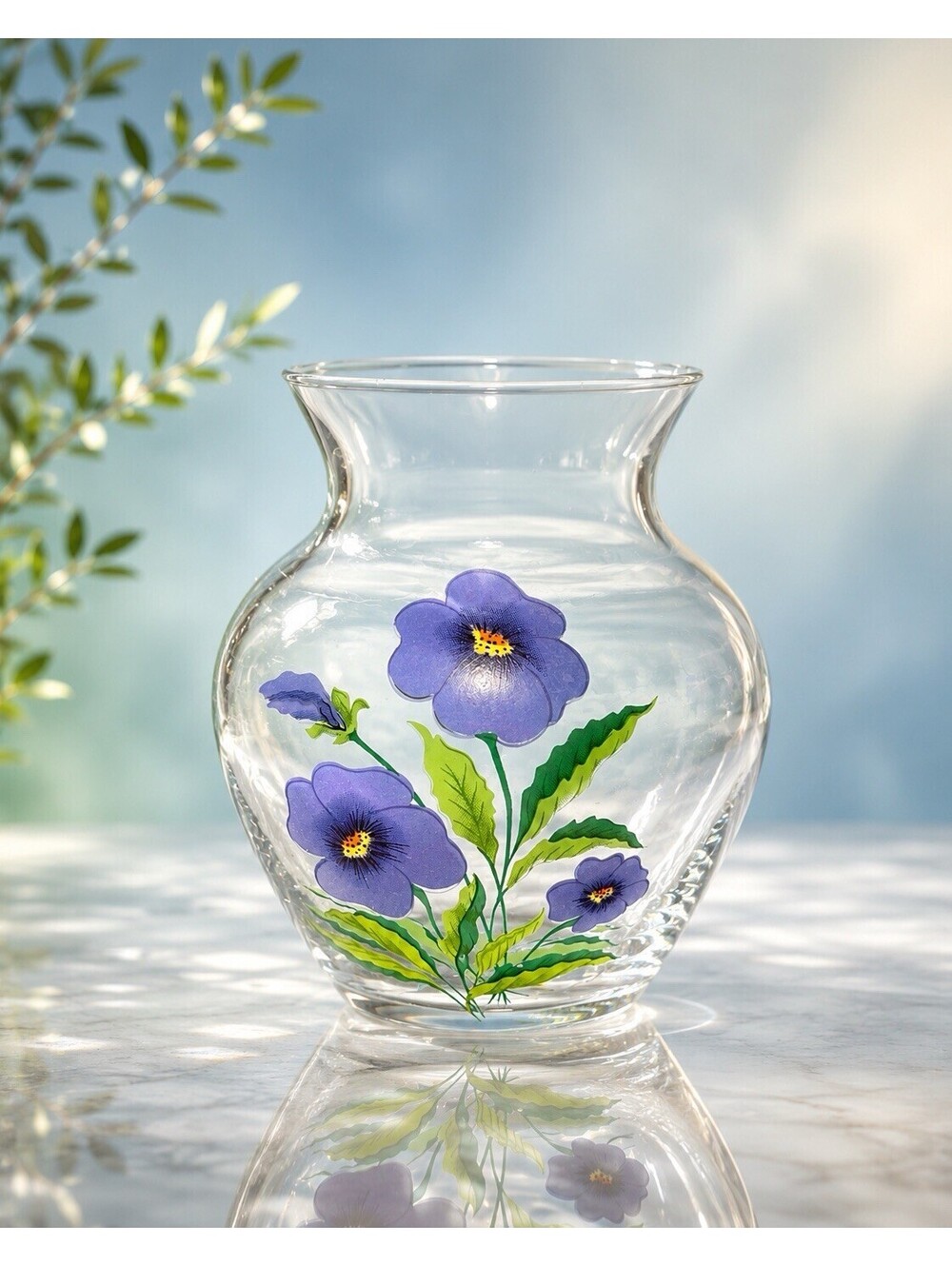 Vintage 1980s Clear Glass Blue Pansy Floral Posy Bud Vase, 2.75x4.5”
